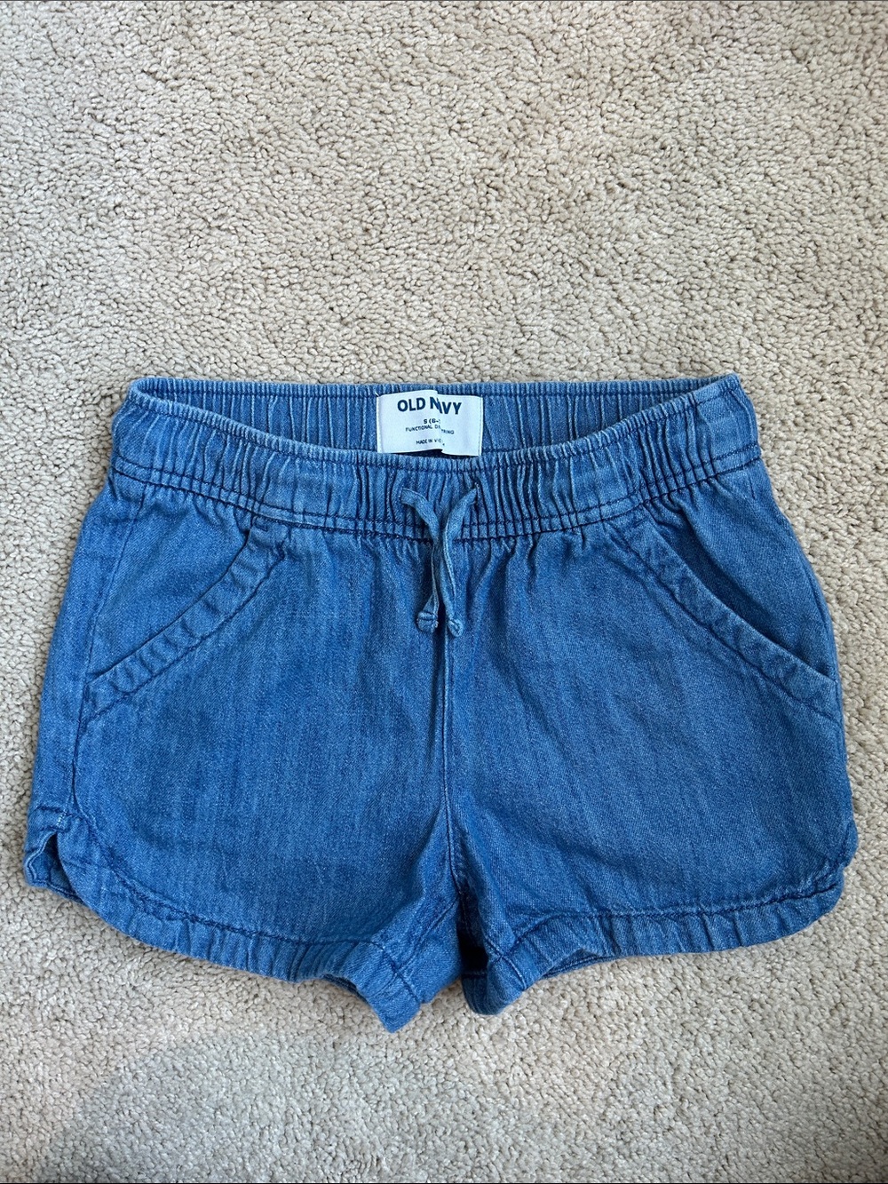 Old Navy Blue Denim-Style Girls Drawstring Shorts, EUC, S (6-7)